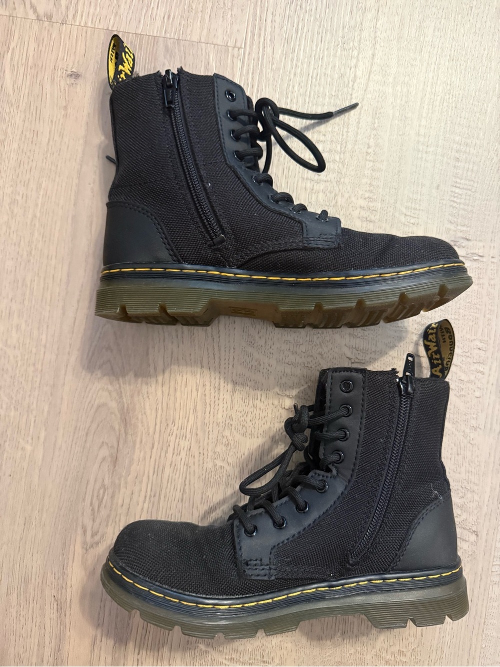 Dr. Martens Kids Black Canvas Combat Boots with Yellow Stitching